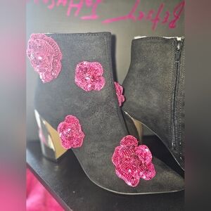 Betsey Johnson Black Boots with Pink Floral Embellishments